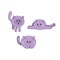 A set of three vector fluffy purple cats with different emotions