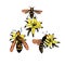 Set of three wasps in different poses on yellow flowers isolated on white background in hand drawn