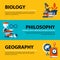 Set of three web banners about education and college subjects in flat illustration style. Biology, philosophy and geography.