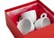 Set three white porcelain cups gift box open unwrapped isolated