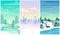 Set of three winter vertical background. Cartoon landscapes with snow, ice, trees, clouds.