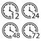 Set of time icons, arrow hours 12, 24,48 and 72, delivery service time, work time clock, thin line web symbols