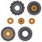 Set of tires and orange disk for a tractor vector
