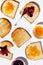 Set of toasted bread with tasty different jam isolated on a white background creative pattern