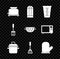 Set Toaster, Salt, Measuring cup, Cooking pot, Spatula, Oven glove, and Kitchen colander icon. Vector