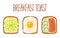Set of toasts for breakfast with different fillings. Toasts with  avocado, egg, salmon and cucumber. Vector illustration