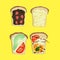 Set of toasts with different ingredients on yellow background