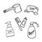 Set of toiletries illustration on white background. soap, bottle of soap and shampoo, toothbrush and toothpaste. hand drawn vector