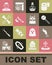 Set Tombstone with cross, Zombie finger, Lollipop, Bottle potion, Wooden axe, Crossed bones, Priest and Owl bird icon