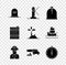 Set Tombstone with RIP written, Lighthouse, Pirate sack, captain, Cannon cannonballs, Compass, Wooden barrel and