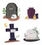 Set of tombstones on the grave.Collection of monument shape with rip text and funeral urn. Vector illustration