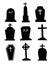 Set of tombstones for halloween objects. Graveyard hand drawn silhouettes on white background