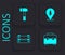 Set Toolbox, Hammer, Location of the forest and Wooden icon. Black square button. Vector