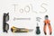 Set of tools arranged on a white background in top view. Thread twine making words TOOLS.