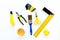 Set of tools for build, paint and repair house on white background top view