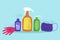 A set of tools for cleaning and disinfection. Vector cartoon illustration. Bottles of cleaning products, mask, gloves.