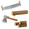 Set of tools. Color images of saw and axe with woodpile and log on white background. Vector illustration