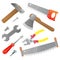 Set of tools. Color images of saw, wrench, pliers, hammer, axe, screwdriver  on white background. Vector illustration