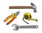 Set of tools consist of hammer, pliers, carpenter measuring tape and wrench