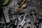 Set of tools covered with aluminium metal swarf on machinery worker table