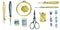 set of tools for embroidery. hoops, threads, scissors, yarn, punch needle. tools for carpet embroidery and embroi