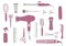 A set of tools for hairdressers. Accessories for hair salon and barber shop, scissors, hair dryer, combs, clips, curling