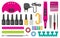 Set of tools for hardware manicure. Professional beauty equipment. Nail polish bottles. Scissors, cuticle nipper, nail files, nail