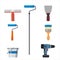 Set tools paint roller brush, putty knife, spatula, brush, electric screwdriver, paint bucket repair tool. Spackling or