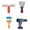 Set tools putty knife, spatula, brush, electric screwdriver repair tool. Spackling or paint instruments. Vector