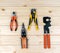 Set of tools for repair. Top view of carpenter`s tools on wooden background. Construction industry, do it yourself.