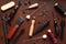 Set of tools for sewing purses, handbags, clutches, belts made of leather.