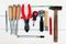 Set of tools on a wooden background.Tools for different work. Instrument for wood and metal work