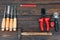 Set of tools on a wooden background.Tools for different work. Instrument for wood and metal work