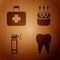 Set Tooth, First aid kit, Bottle with nozzle spray and Cotton swab for ears on wooden background. Vector