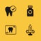 Set Tooth, Syringe, X-ray of tooth and Toothache painkiller tablet icon with long shadow. Vector
