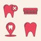 Set Tooth, Tooth with caries, Teeth with braces and Dental clinic location icon. Vector