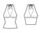 Set of Tops empire seam and tieback halter tank technical fashion illustration with close-fitting shape, crop, tunic