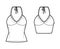Set of Tops V-neck halter tanks technical fashion illustration with empire seam, thin tieback, slim fit, bow, crop tunic