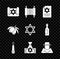 Set Torah scroll, Burning candle, Jewish money bag, Orthodox jewish hat, Olives branch and Star of David icon. Vector