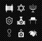 Set Torah scroll, Star of David, Hanukkah menorah, necklace on chain, Burning candle, Olives branch, Shield with and