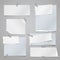 Set of torn white and blue note, notebook paper pieces stuck with sticky tape on grey background. Vector illustration