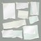 Set of torn white and green note, notebook paper strips and pieces stuck with sticky tape on grey background. Vector illustration