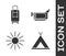 Set Tourist tent, Suitcase, Sun and Cinema camera icon. Vector