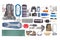 Set of tourist trekking items on white background. Top view of accessories for travel. Equipment for travel and hiking. Survival