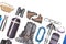 Set of tourist trekking items on white background. Top view of accessories for travel. Equipment for travel and hiking. Survival