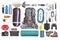 Set of tourist trekking items on white background. Top view of accessories for travel. Equipment for travel and hiking. Survival