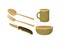 A set of tourist utensils, fork, spoon, knife, cup and bowl in beige, brown and green. Vector illustration in a flat