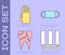 Set Towel stack, Rubber gloves, Broken tooth and Medical protective mask icon. Vector