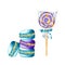 Set of tower of macarons and lollipop in blue, gold and violet colors
