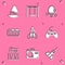 Set Toy boat, Swing, Racket, Music synthesizer, Rocket ship toy, Gamepad, Drum with drum sticks and Photo camera icon